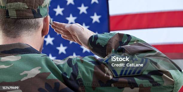 American Military Salute Against Us Flag Stock Photo - Download Image Now - US Veteran's Day, Veteran, Saluting