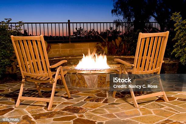 Firepit Back Yard Outdoor Seating Fire Sunset View Luxury Stock Photo - Download Image Now