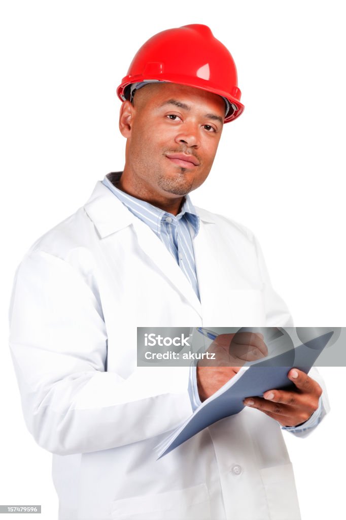 Черный человек-красный Защитный шлем Пальто lab письменном виде изолированных белый - Стоковые фото Еда роялти-фри