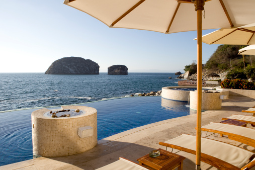 The pool area of a luxury villa set in Mismaloya in Puerto Vallarta, Mexico.