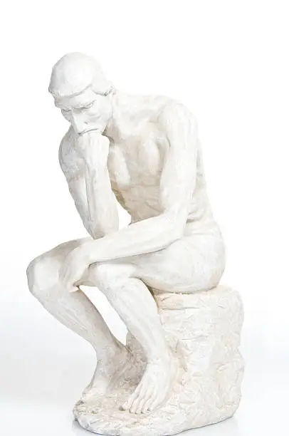 Statue Replicate The Thinker, a man in sober meditation battling with a powerful internal struggle. The unique pose with hand to the chin, right elbow to the left knee, and crouching position originally by Auguste Rodin, was named The Poet representing The Devine Comedy of Dante, The Gates of Hell.  Represents philosophy, intellect as well as poetry.