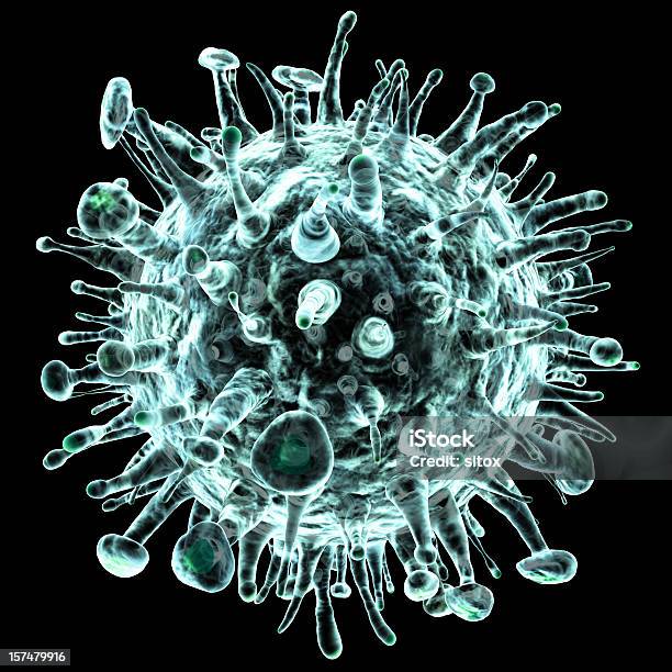 Close Up 3d Render Of An Influenzalike Virus Stock Photo - Download Image Now - Biological Cell, Biology, Black Background