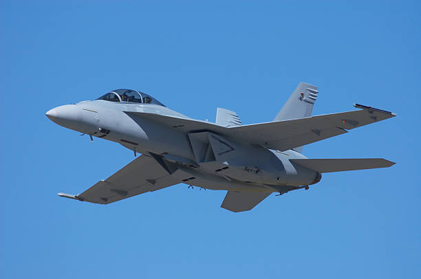 McDonnell Douglas FA-18 Hornet Military Jet.  FA-18 airplane against a blue sky. hornet stock pictures, royalty-free photos & images