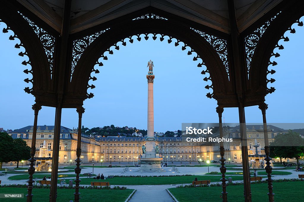 Stuttgart Victory Column Twilight View Pavillon Stuttgart New Palace with Column, Pavillon and Fountains (Germany) Stuttgart Stock Photo