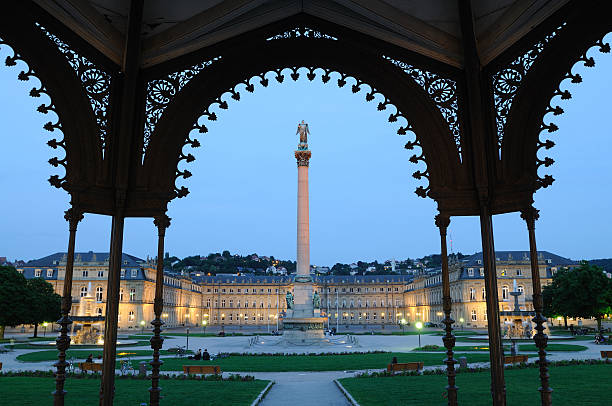 Stuttgart Victory Column Twilight View Pavillon Stuttgart New Palace with Column, Pavillon and Fountains (Germany) stuttgart photos stock pictures, royalty-free photos & images