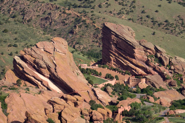 Red Rocks Park and theater, part of the Denver Mountain Parks system. The park is known for its very large red sandstone formations or Fountain Formation and wonderful sound quality, Colorado. The side of Mount Morrison is in the background.