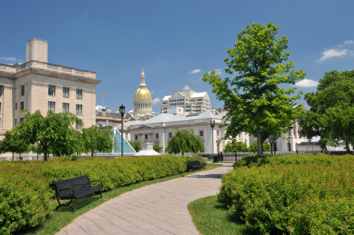 Park at government center in Trenton with State House in the background, New Jersey, USA