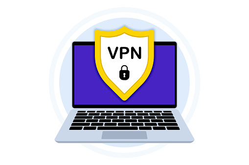 VPN service. Laptop monitor shows VPN connection. Virtual private network. Cyber security, secure web traffic, data protection. Secure network connection and privacy protection