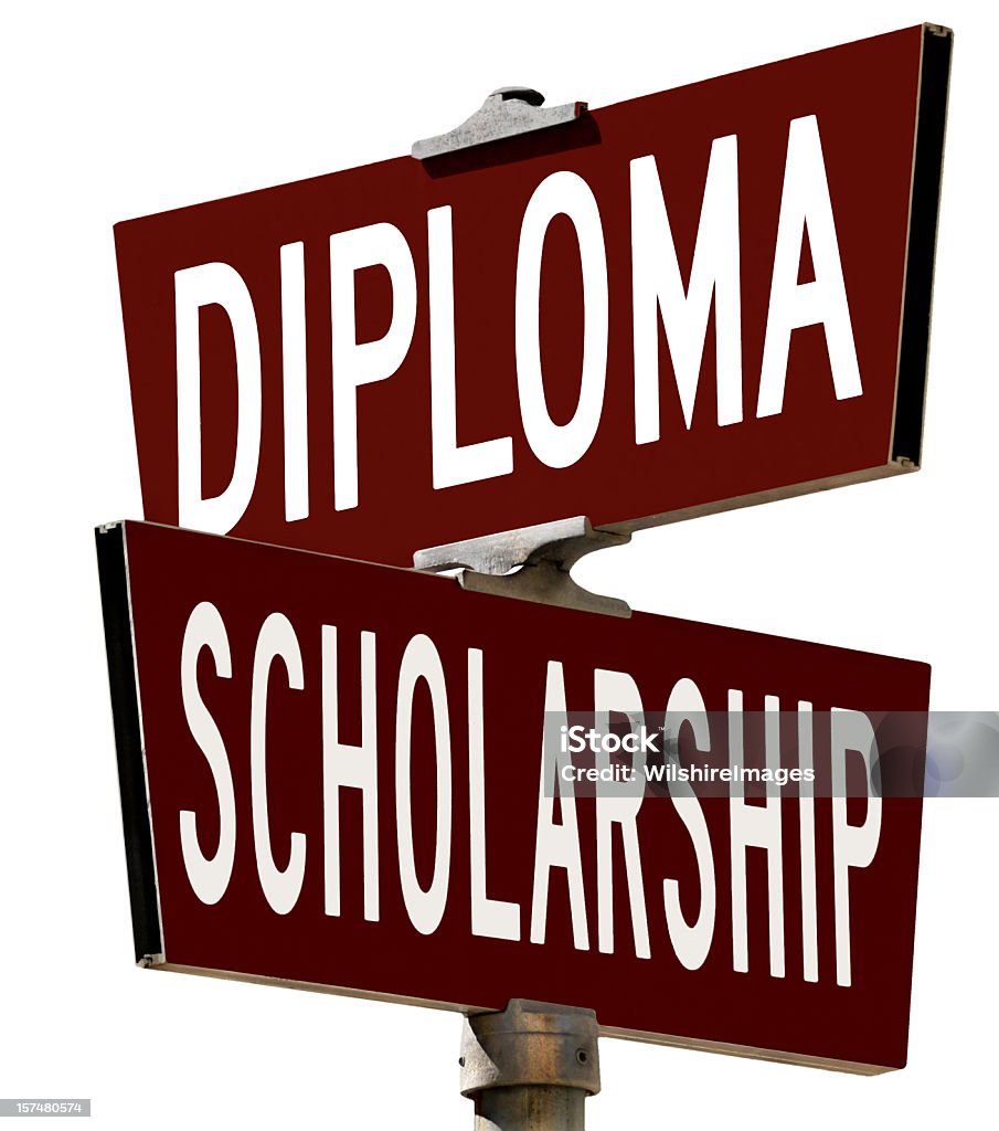 Diploma y Scholarship intersección con la señal: Objetivos de Educación - Foto de stock de Beca libre de derechos