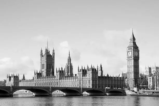 Photo of Westminster and Houses of Parliament, black & white, copy space