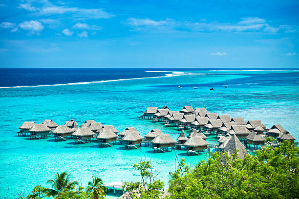 férias dos sonhos de luxo do hotel resort - french polynesia pier lagoon nautical vessel - fotografias e filmes do acervo