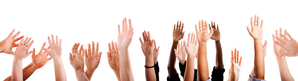 mnóstwo podniesione ręce - hand raised arms raised multi ethnic group human hand zdjęcia i obrazy z banku zdjęć