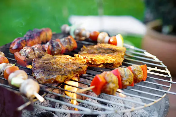 Some vegetable and meat skewer and some pieces of pork meat on a flamy grill in a garden. XXL size image.