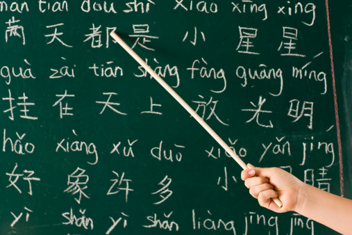 Girl pointing at blackboard with her Chinese lesson