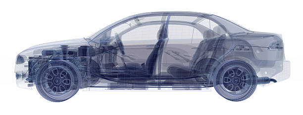 An x-ray of a car showing the engine and seats