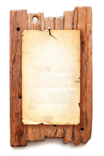 Brown wooden painted frame with brown craft paper on isolated on white background. Vintage mockup frame