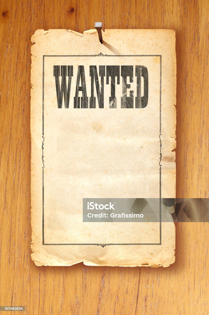 Marrone antico wanted poster fisso con manicure su sfondo in legno - Foto stock royalty-free di Wanted Poster - Segnale inglese