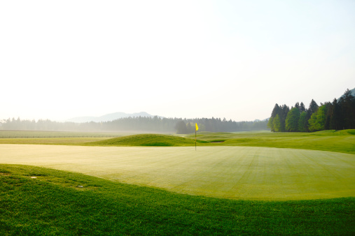 A view of the golf course early in the morning, golf green with flag in front, clear sky with copy space on top.