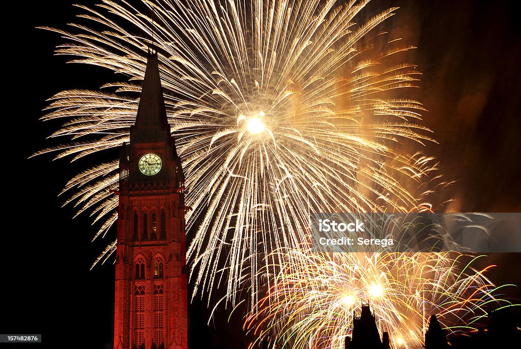 Fireworks over the Canadian Parliament, Ottawa on Canada Day Fireworks on Parliament hill in Ottawa, Canada on Canada Day, July 1st. Canada Day Stock Photo