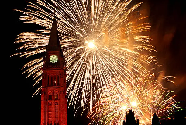 Fireworks on Parliament hill in Ottawa, Canada on Canada Day, July 1st.