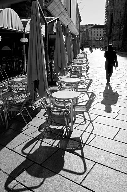 Steel table and chairs in street cafe, Spain