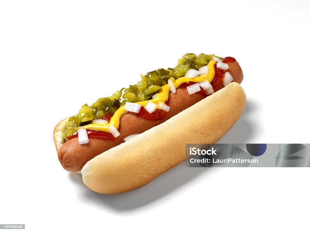 Hot Dog mit allen Zutaten - Lizenzfrei Hot Dog - Schnellimbiss Stock-Foto