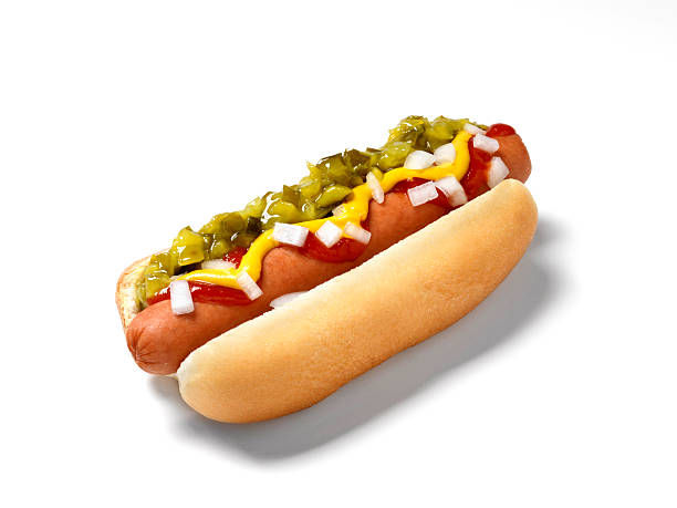 hot dog mit allen zutaten - relish stock-fotos und bilder