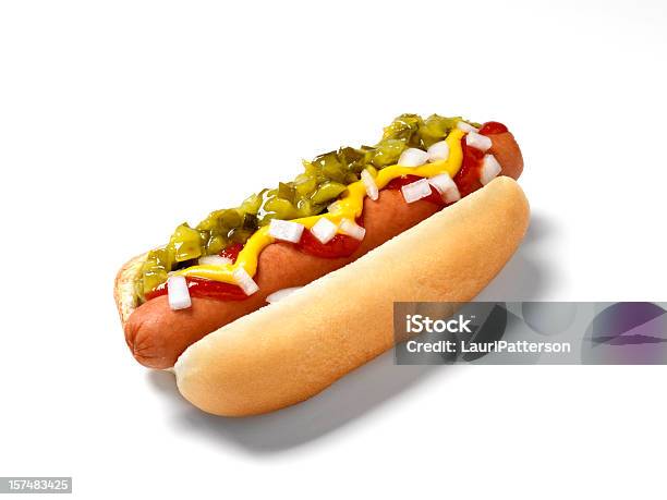 Hot Dog With All The Fixings Stock Photo - Download Image Now - Hot Dog, Cut Out, Sausage