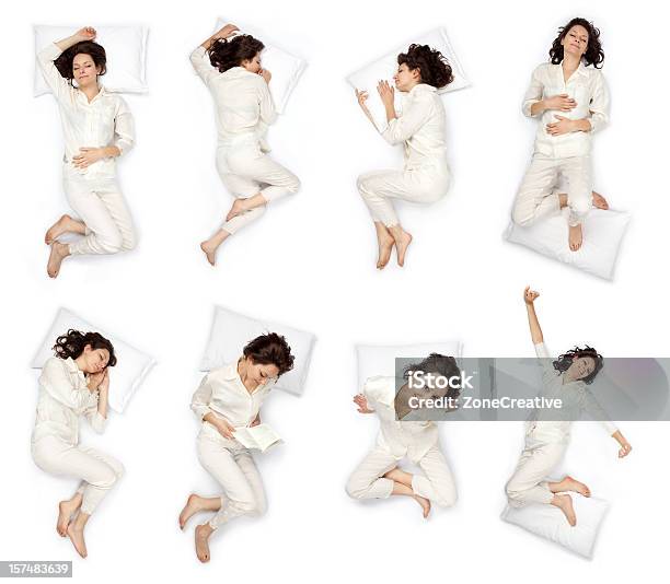 Composition Of Sleep Pose Beautiful Young Girl With Pajamas Isol Stock Photo - Download Image Now