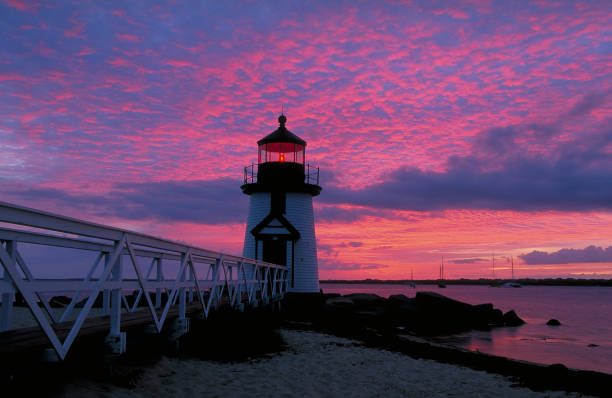 - 브랜트 포인트 등대 - lighthouse massachusetts beach coastline 뉴스 사진 이미지