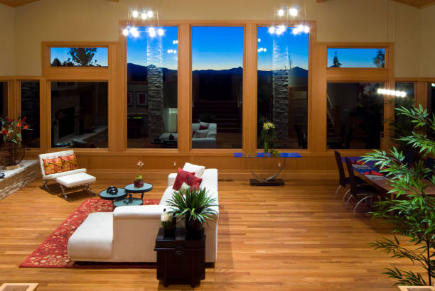istock Horizontal, sunset, modern asian living room 157484546