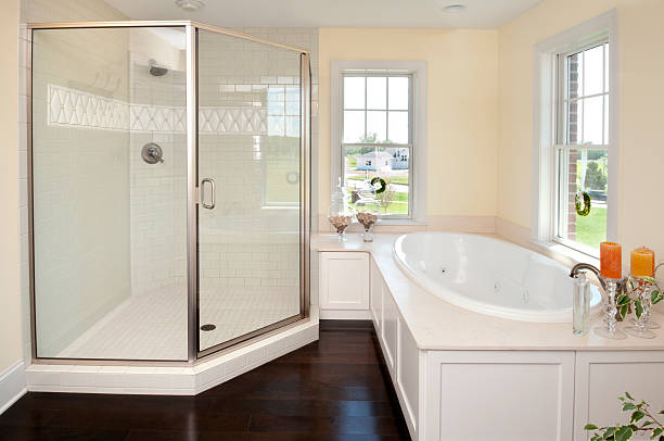 istock Stylish Bathroom With Tile and Glass Shower 157484659