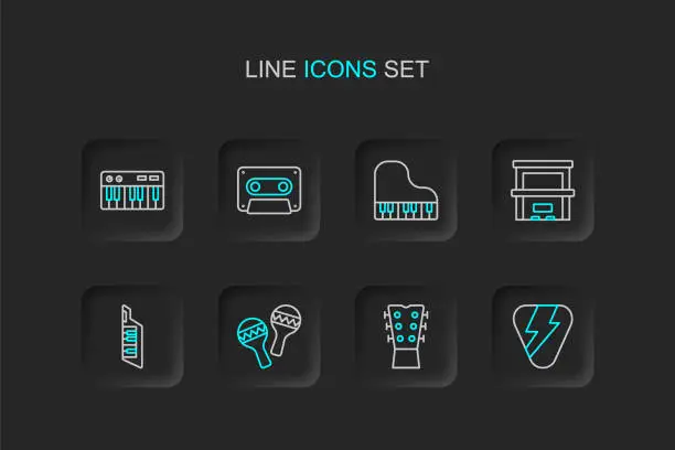 Vector illustration of Set line Guitar pick, neck, Maracas, Keytar, Piano, Grand piano, Retro audio cassette tape and Music synthesizer icon. Vector