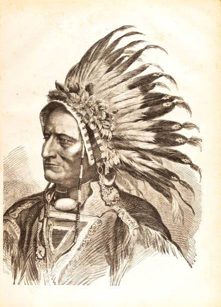 гравировка of native american шеф сидящий бык 1881 - chief sitting bull stock illustrations