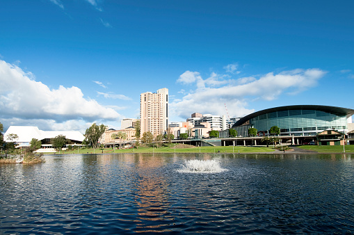 Central Adelaide across the river Torrens.  The city's Convention Centre is visible to the right of the picture, and the Festival Centre to the left hand side.