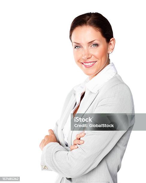 Closeup Di Una Bella Giovane Donna In Carriera - Fotografie stock e altre immagini di Donna in carriera - Donna in carriera, Braccia incrociate, Sfondo bianco