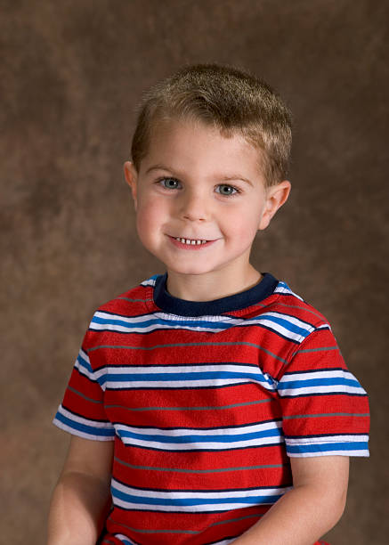 Preschool Boy Sitting For His School Picture, Cute Pose stock photo