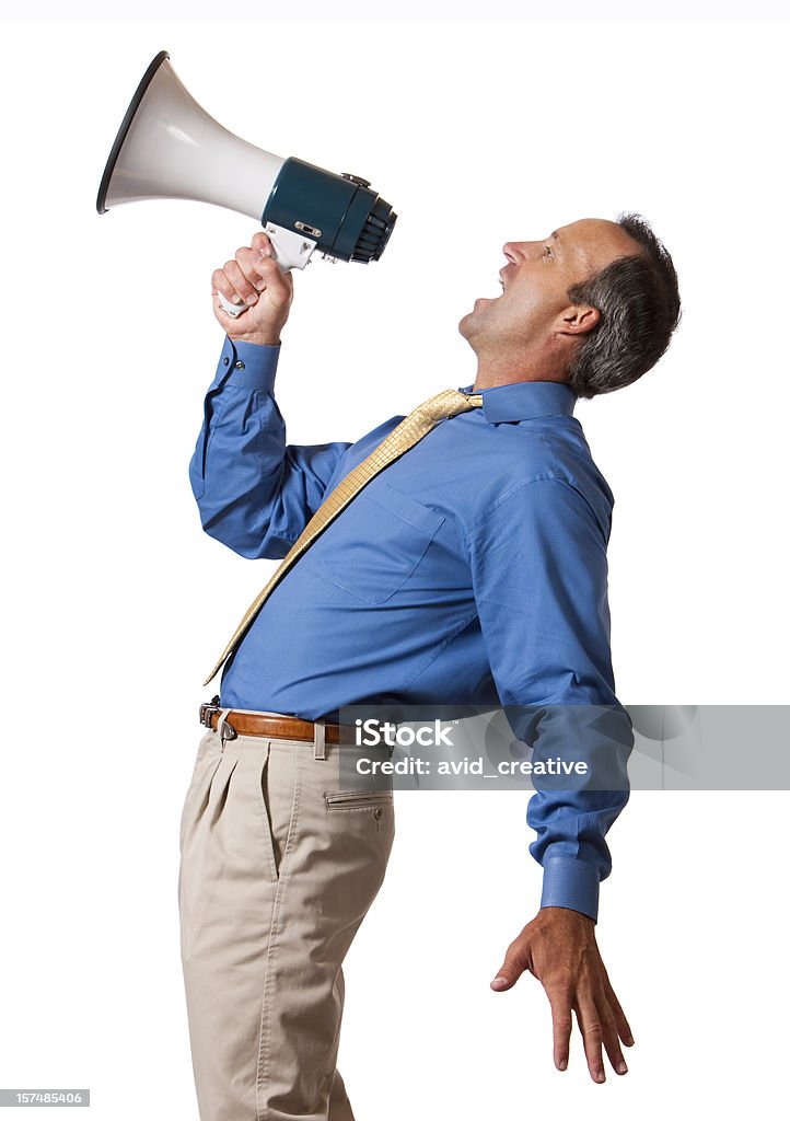 Businessman Yelling en megáfono - Foto de stock de Doblado hacia atrás libre de derechos