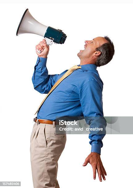 Businessman Yelling En Megáfono Foto de stock y más banco de imágenes de Doblado hacia atrás - Doblado hacia atrás, Gritar, Hombres