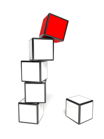 Falling red cube on white background. This can be easily customized with your own design. 3D modeling and rendering