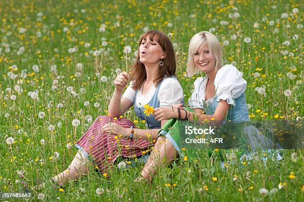 Foto de Duas Meninas Sentada No Meadow Diversão Xxxl e mais fotos de stock de Alemanha - Alemanha, Amizade, Saia Tipo Camponesa Com ou Sem Corpete