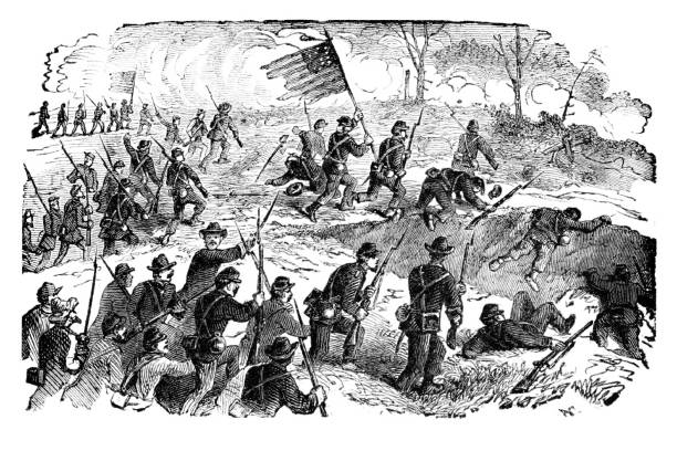 Union Army Soldiers Battle, American Civil War Union soldiers advance in battle. Engraving published 1896. Original edition is from my own archives. Copyright has expired and is in Public Domain. christine kohler stock illustrations