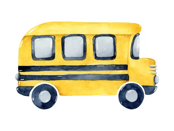 Vector illustration of Yellow school bus watercolor illustration isolated element
