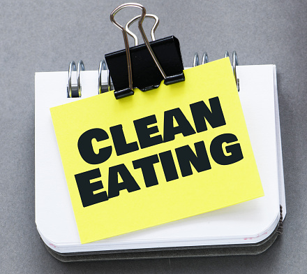 CLEAN EATING words on a yellow sheet of paper.