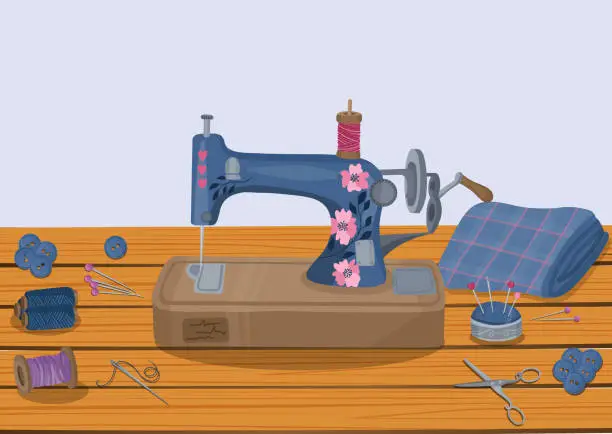 Vector illustration of Sewing machine on the table and other sewing items. Atelier and handmade things