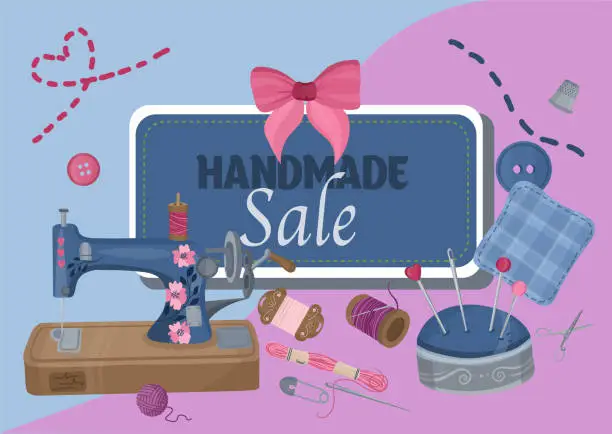 Vector illustration of Handmade shop sale banner. Sewing items. Vector Illustration for Sewing and Tailoring Concepts.