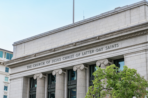 Salt Lake City, UT - May 23, 2023: Facade of the Administrative Building of The Church of Jesus Christ of Latter Day Saints in Salt Lake City, Utah
