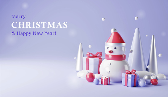 Christmas or New Year holiday baner. Winter composition. Realistic 3d plastic design. Christmas trees, gift boxes, balls and snowman. Decorative objects for Greeting card, web background.