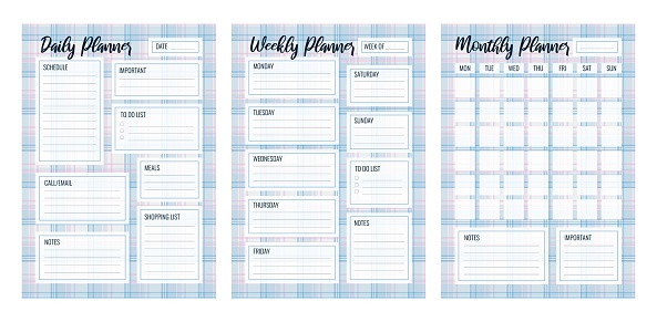 Set of Daily Weekly Monthly planner printable vector template. Blank organizer page A4, A5. Collection of business schedule pages for effective planning. Personal notebook. Paper sheet.