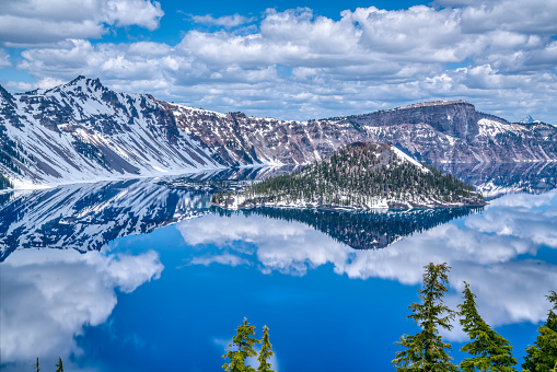 Beautiful reflection in the caldera of Crater Lake in Crater Lake National Park, Oregon